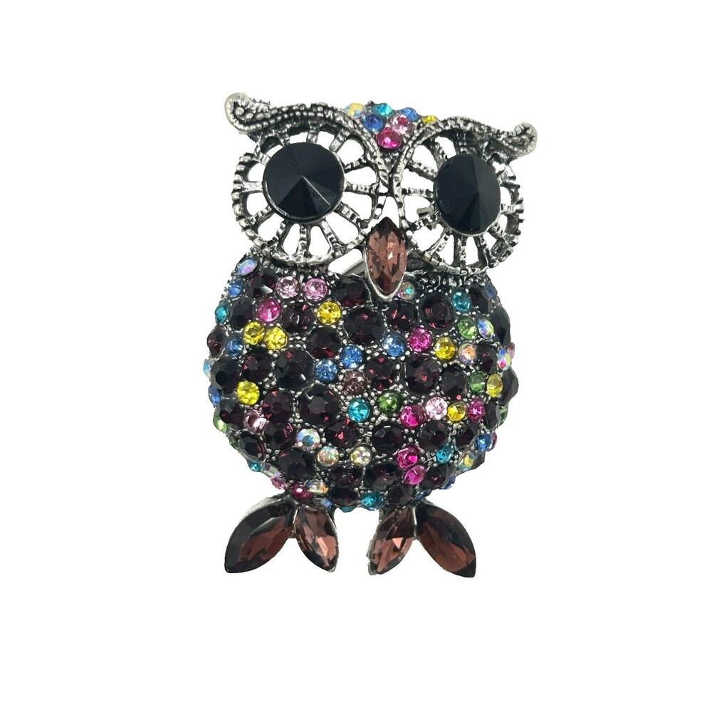 Multicolor Rhinestone Owl Brooch Silver Tone Black Crystal Figural Pin
